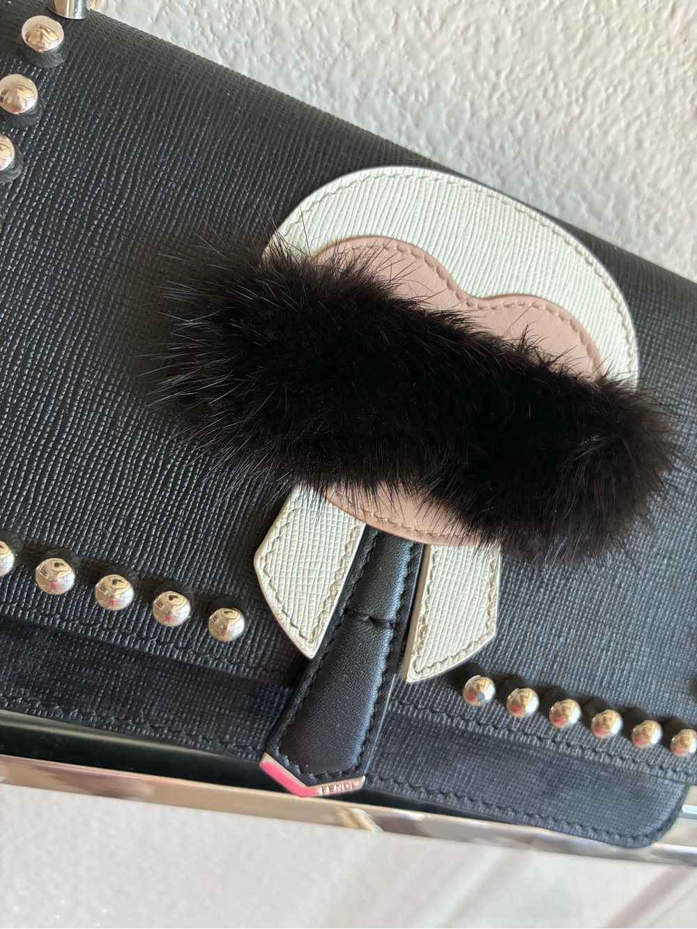 Fendi Karlito Studded Wallet on Chain / Clutch with Black Fur - Picture 3 of 16